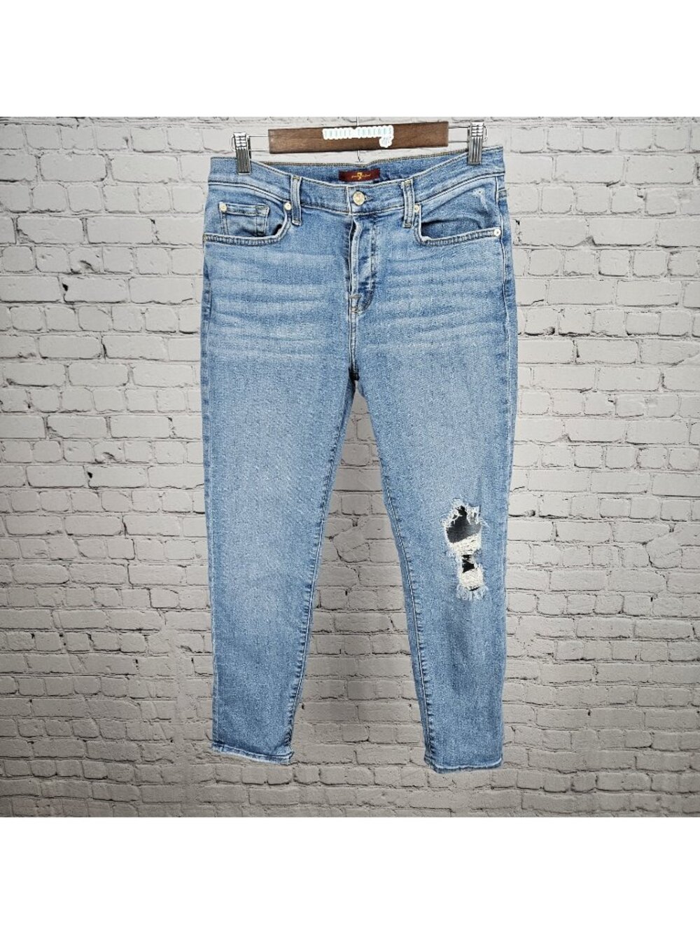 7 For All Mankind Blue Josefina Distressed Denim Skinny Ankle Jeans 28 (28x27)